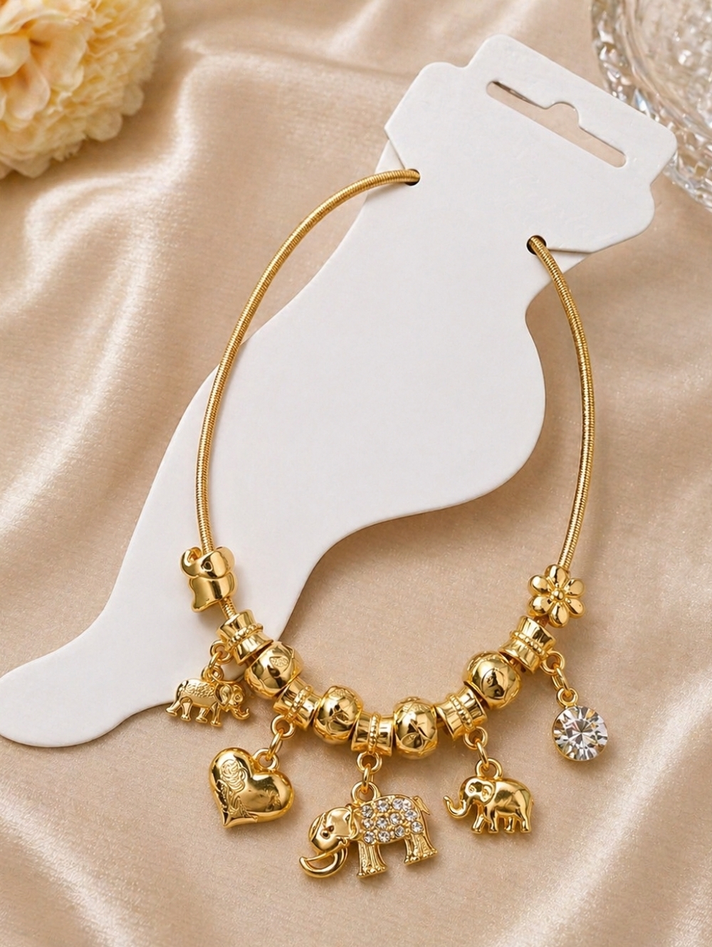 Gold Elephant Charm Anklet | Heart & Crystal Charm Foot Jewelry